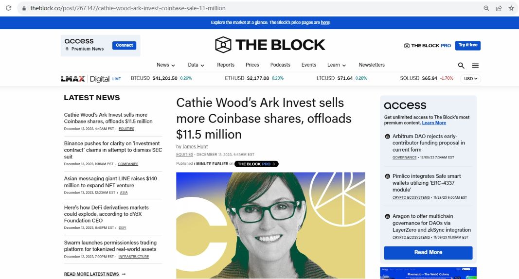 Ark Invest再次出售1150万美元Coinbase股票