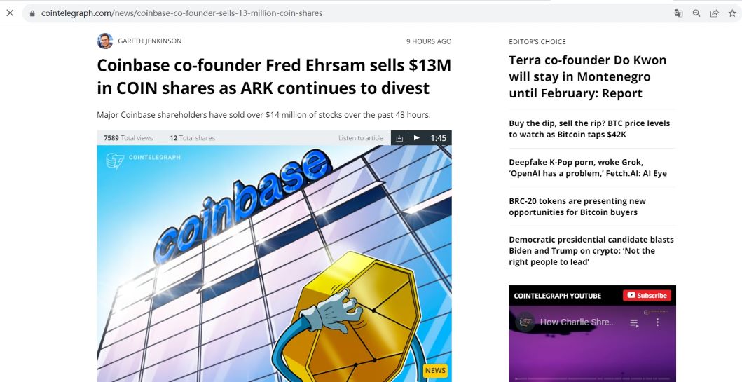 Coinbase联创Fred Ehrsam昨日出售价值超1300万美元的Coinbase股票