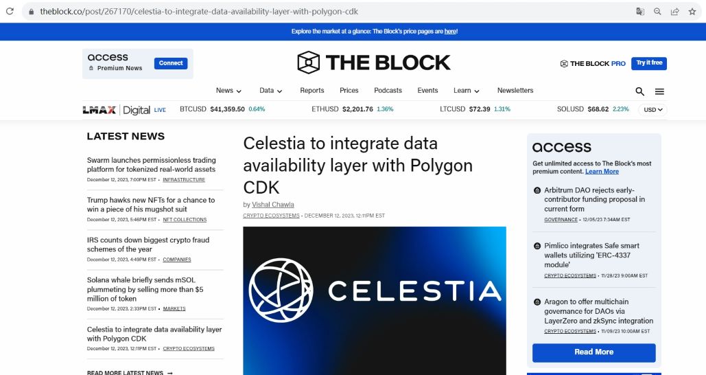Celestia数据可用性层与Polygon CDK集成，以降低Gas费