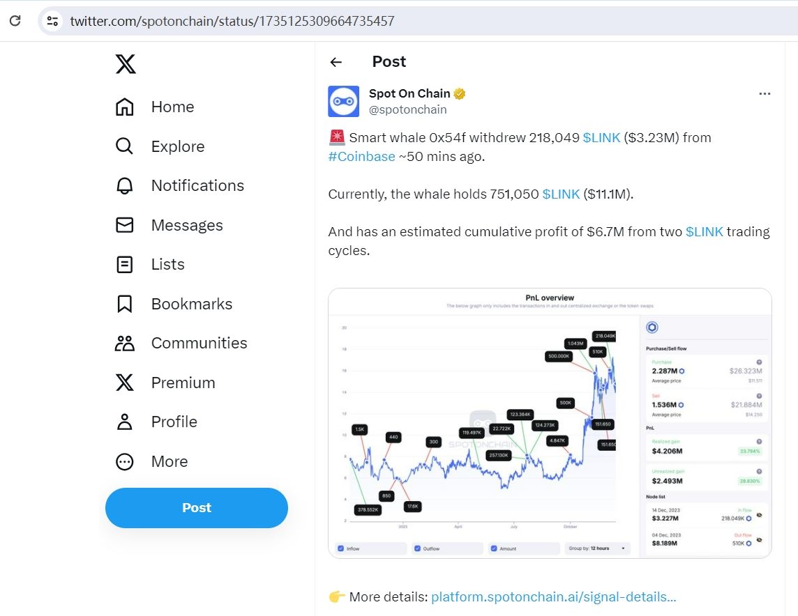 某巨鲸地址于1小时前从Coinbase提取超20万枚LINK