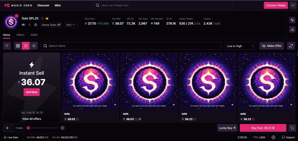 Solana链上铭文代币Sols地板价上涨至30.23SOL