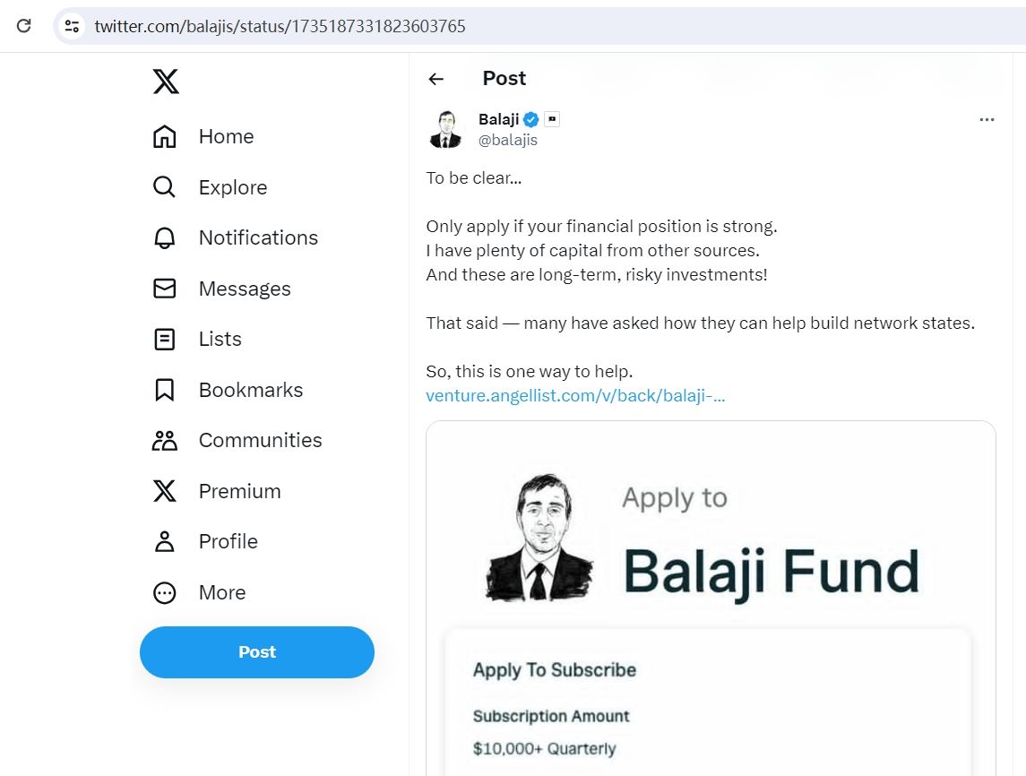 Coinbase前CTO宣布成立新基金Balaji Fund，2024年1月1日起认购