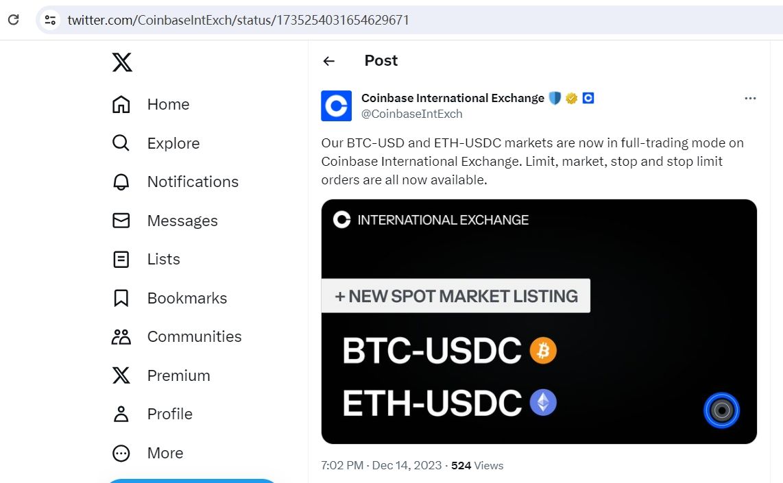 Coinbase国际交易平台已正式上线BTC-USDC和ETH-USDC市场