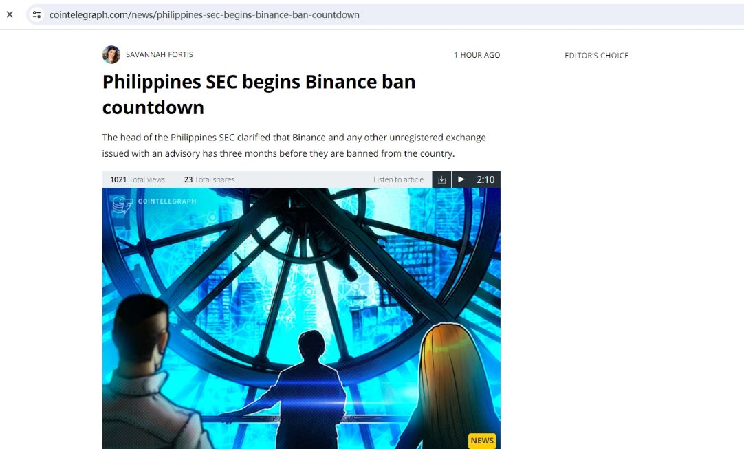菲律宾SEC：对币安的禁令将在咨询发布三个月后生效