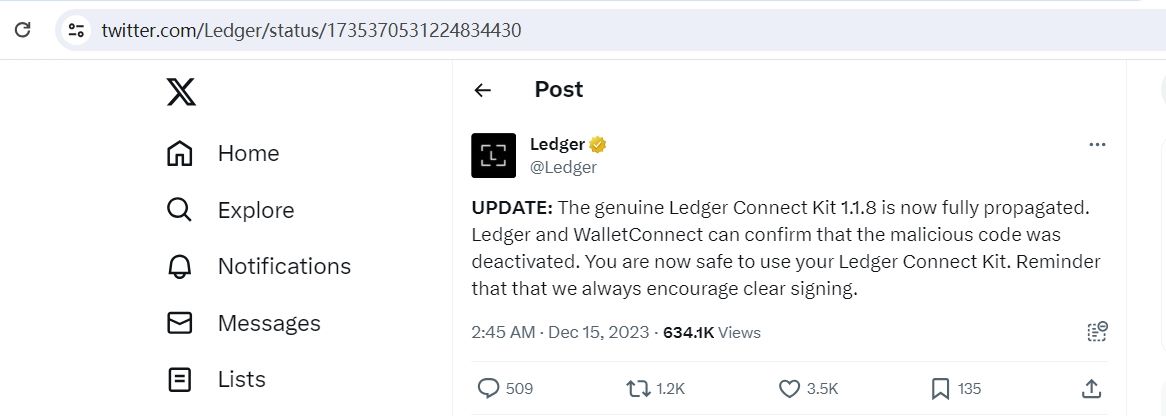 Ledger：现可安全使用新版Ledger Connect Kit，建议等待24小时并清除浏览器缓存