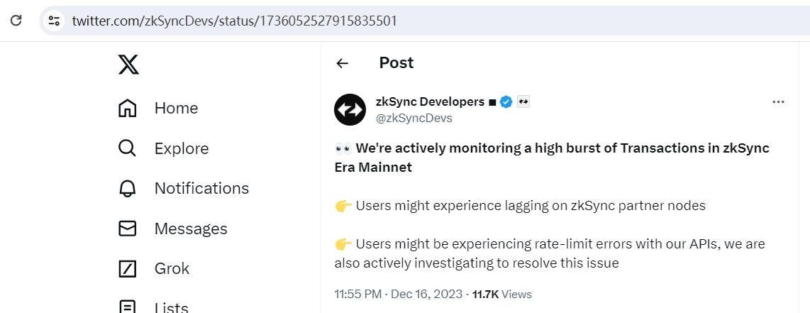 zkSync Era：正在积极监控主网上大量交易，用户可能会遭遇延迟