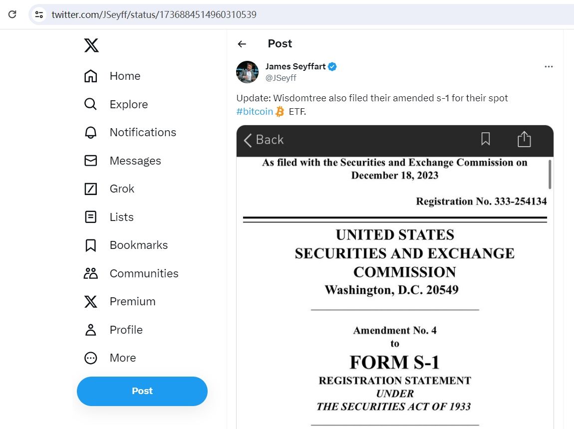 Wisdomtree就现货比特币ETF向SEC提交第四版修订