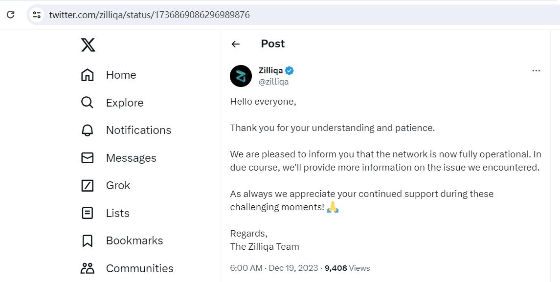 Zilliqa网络已全面恢复运行