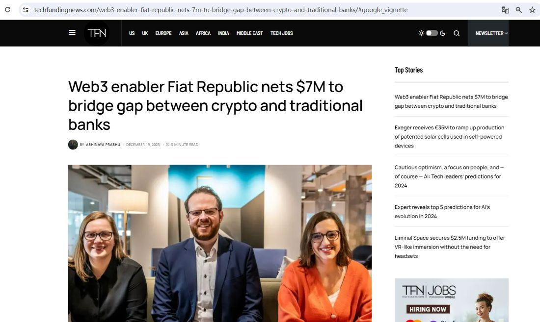 Web3金融服务平台FiatRepublic完成700万美元种子轮融资
