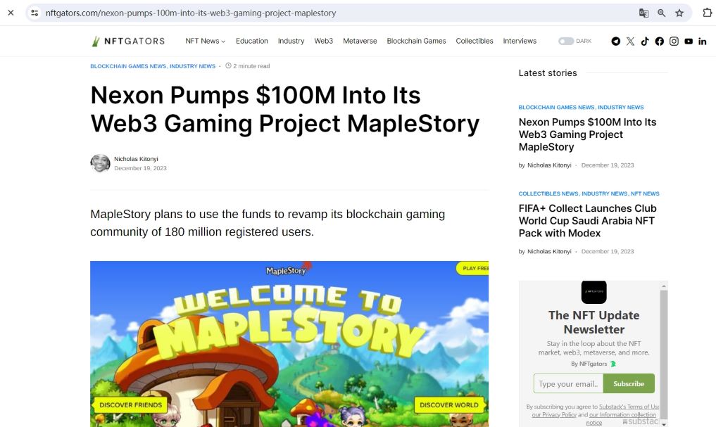 游戏开发商Nexon将为其链游生态MapleStory Univese注入1亿美元资金