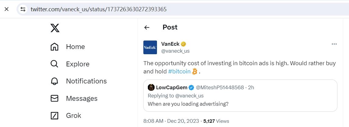 VanEck：投资比特币广告的机会成本很高，宁愿购买并持有比特币