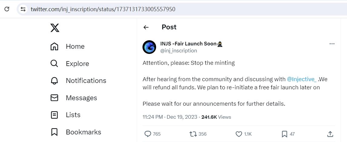 Injective铭文项目INJS：已停止铭刻，将退还所有资金