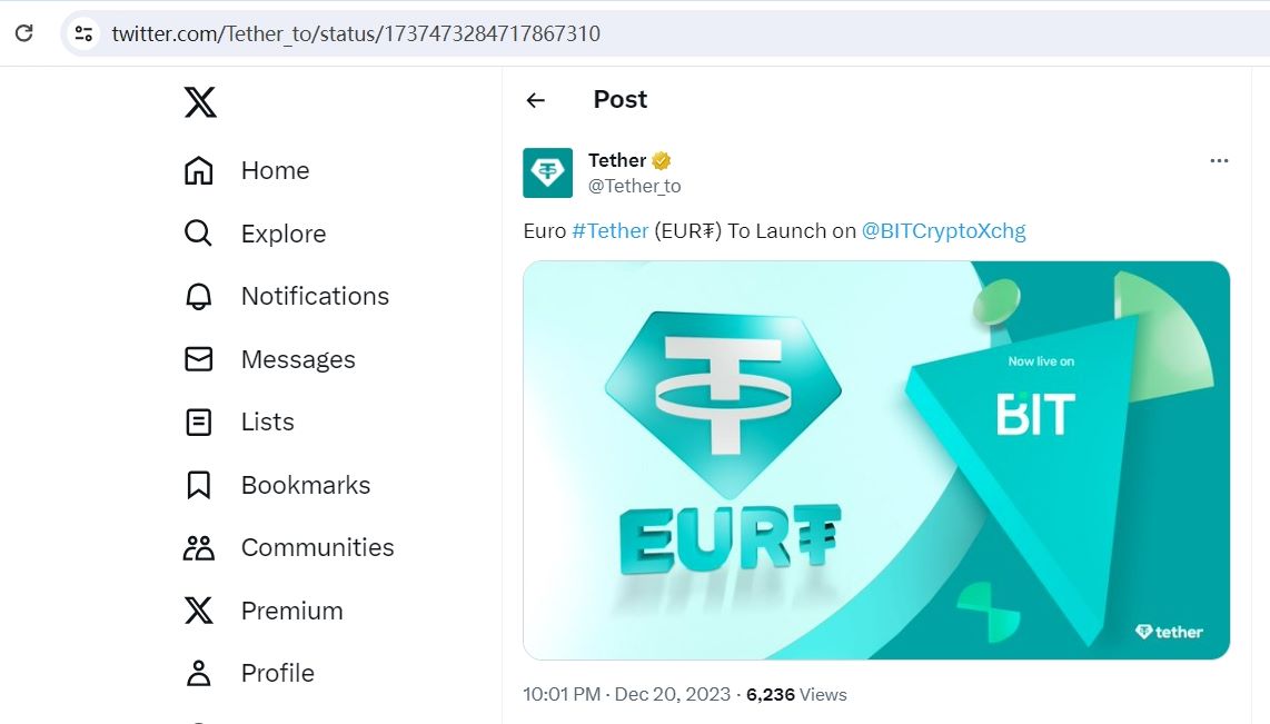Tether：BIT Crypto Exchange 将上架欧元稳定币 EUR₮
