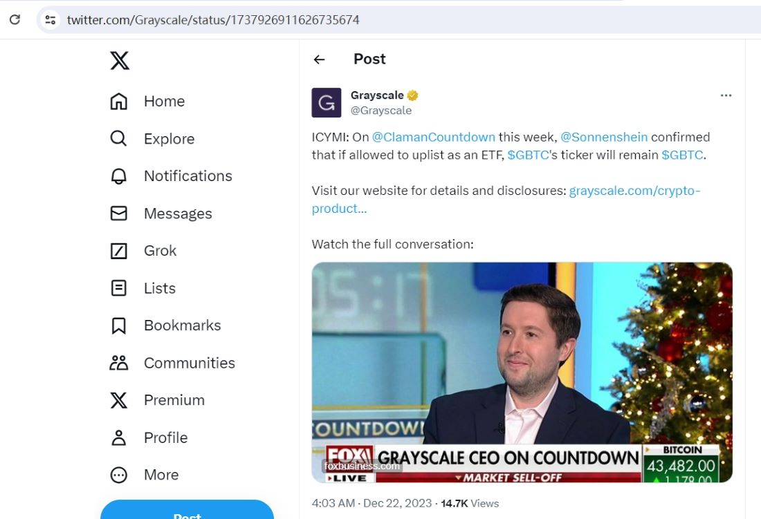 灰度CEO：若获批作为现货ETF上市，GBTC股票代码将保持不变