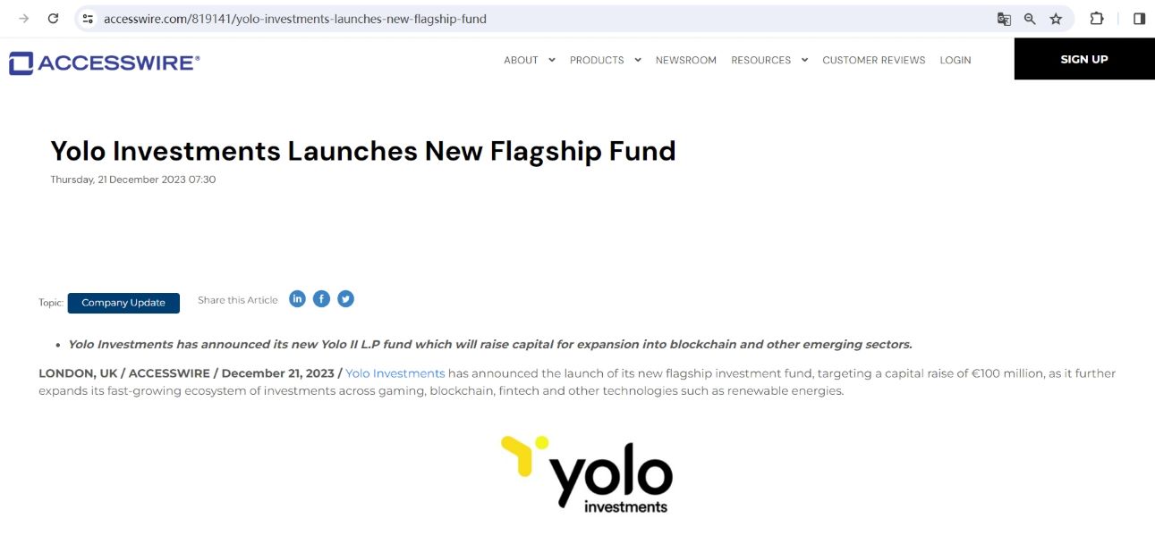 Yolo Investments推出新旗舰基金，拟筹集1亿美元扩张至游戏、区块链等领域