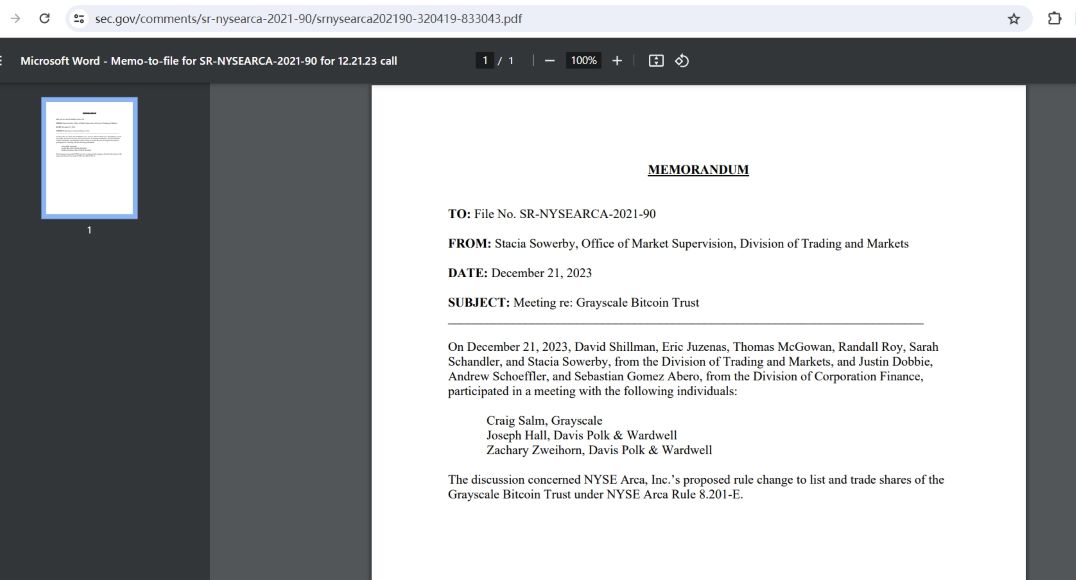 灰度昨日与SEC会面商讨比特币现货ETF事宜