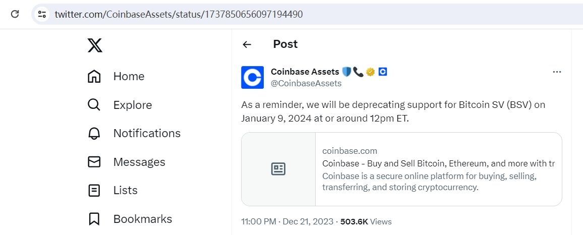 Coinbase将于1月9日下架BSV