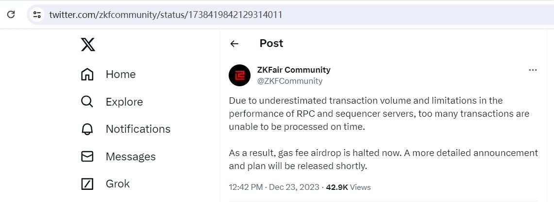 ZKFair：明日11:00重新开放Gas Fee Airdrop