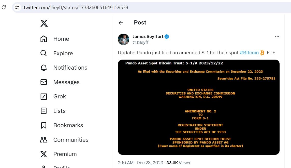 Pando Asset就现货比特币ETF提交修订后的S-1文件