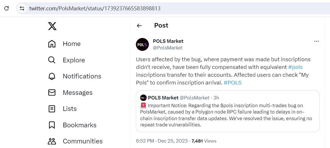 POLS Market：已解决平台POLS铭文交易问题，并全额补偿受影响用户