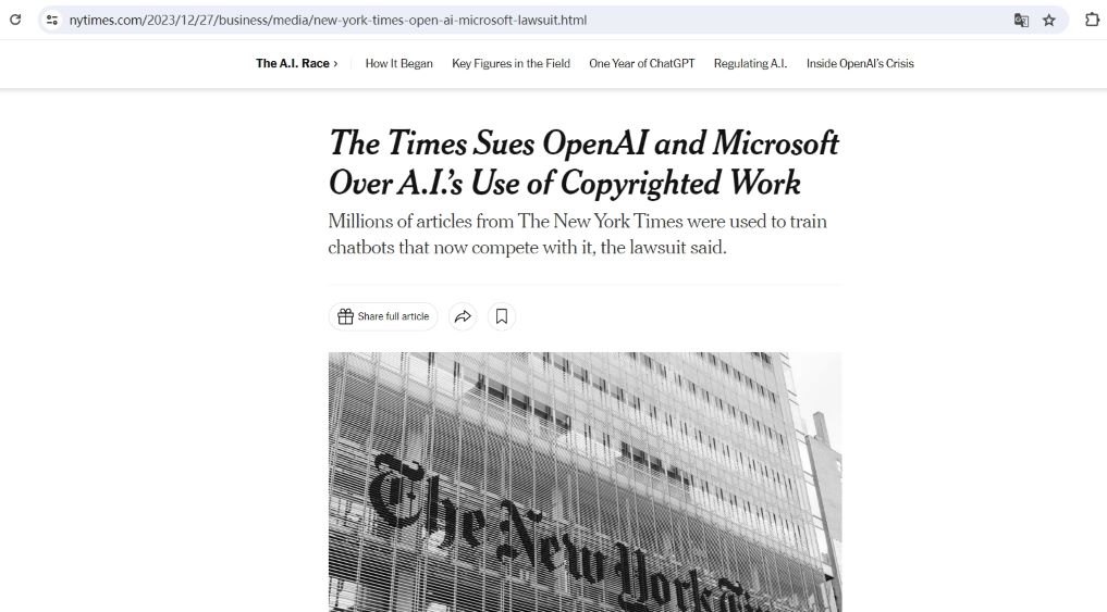 《纽约时报》起诉 OpenAI 和微软侵犯版权