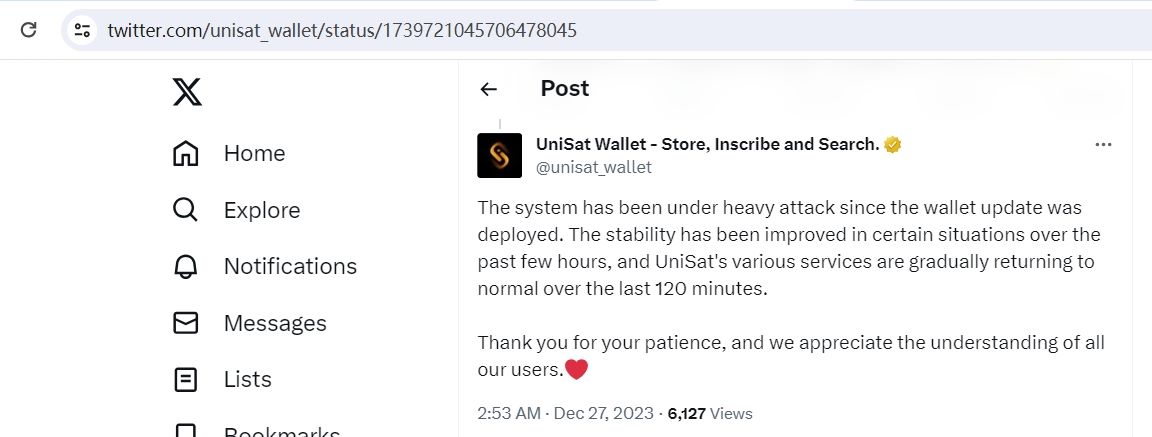 UniSat Wallet：服务正在逐渐恢复正常