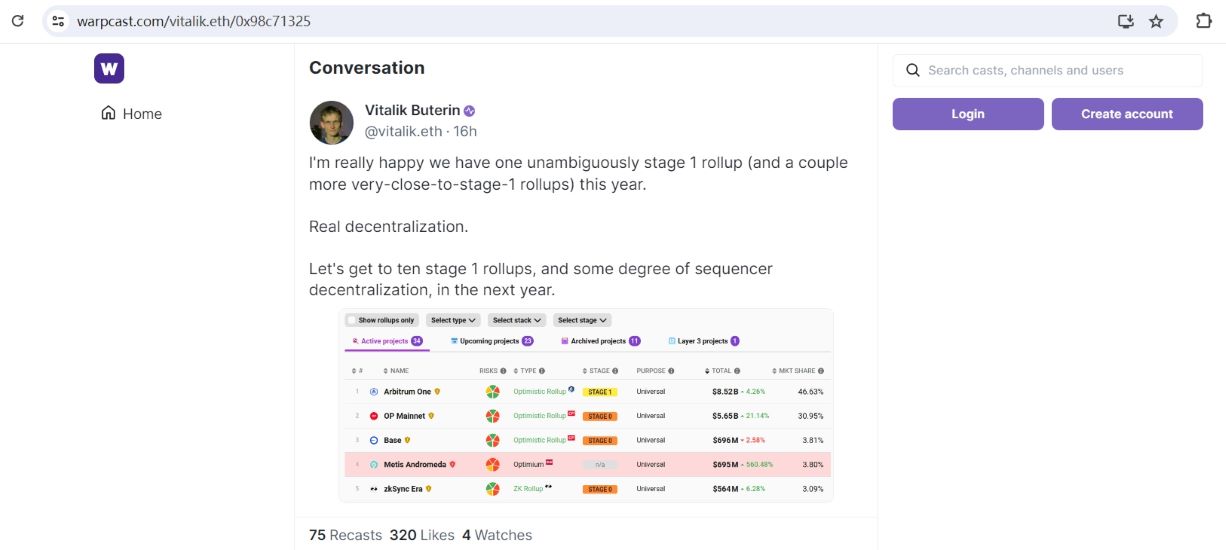 Vitalik：很高兴看见Arbitrum实现了Rollup第一阶段，希望明年更多项目跟进