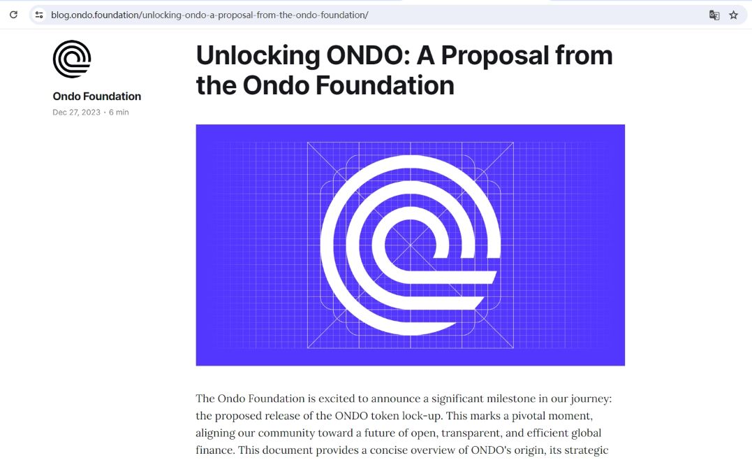 Ondo基金会拟发布提案进行链上投票，以解除ONDO代币锁定