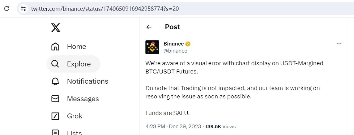 币安：BTC/USDT合约价格显示错误，交易不受影响且资金安全