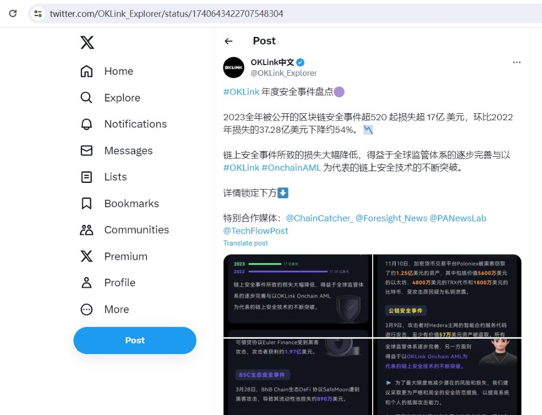 OKLink：2023年区块链安全事件损失17亿美元，较2022年下降54%