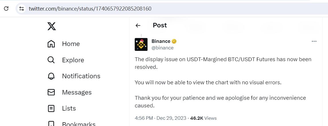 币安：BTC/USDT合约的显示问题现已解决