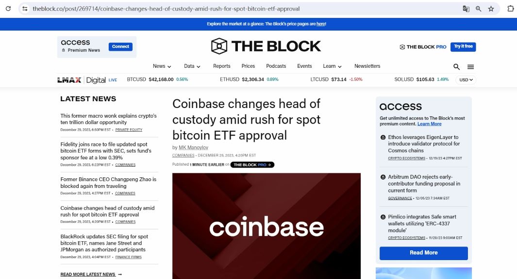 Coinbase 更换托管部门负责人，为申请现货比特币 ETF 作准备