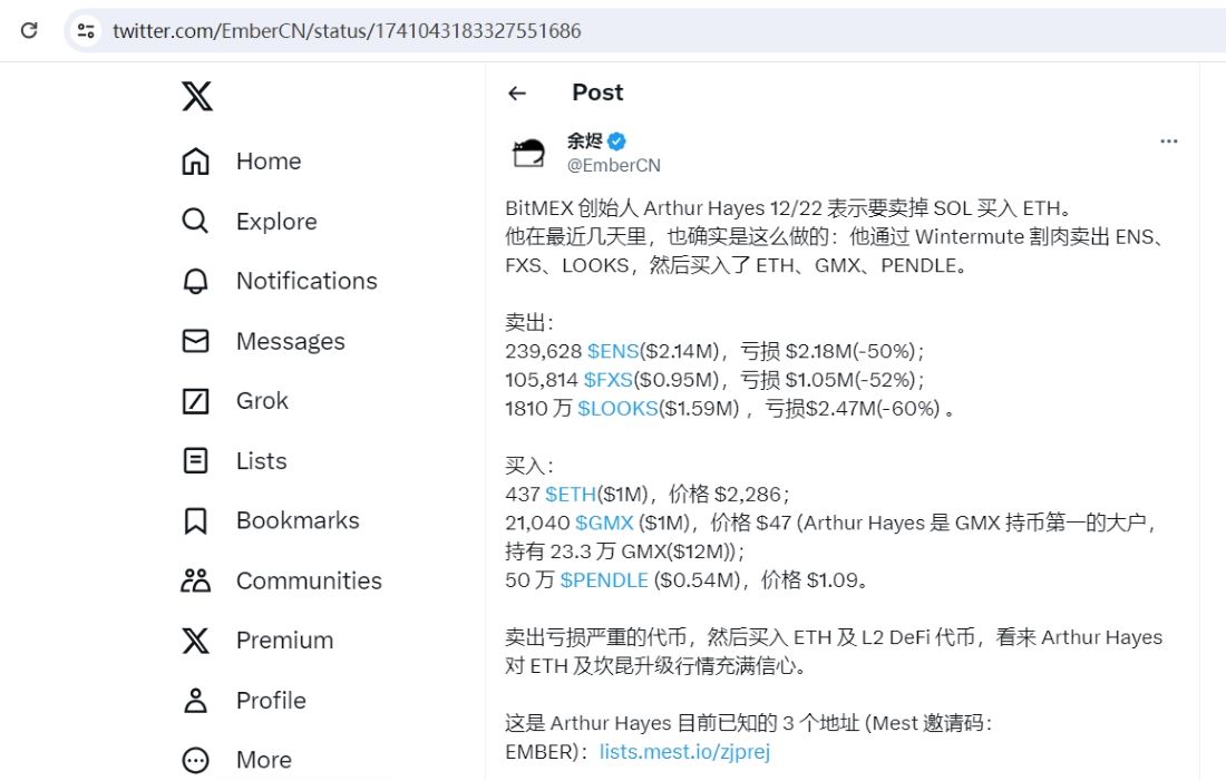 BitMEX创始人卖出ENS、FXS、LOOKS，总亏损达570万美元