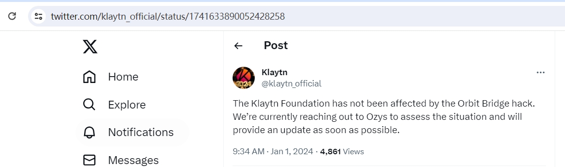 Klaytn：基金会并未受到Orbit Bridge攻击事件影响