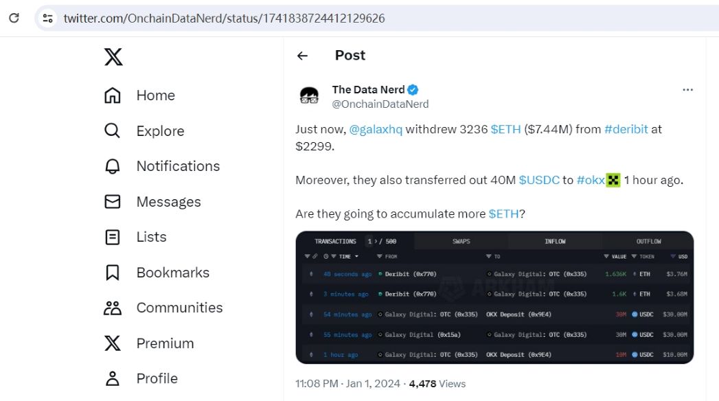 Galaxy Digital向OKX存入4000万枚USDC，并从Deribit取出3236枚ETH