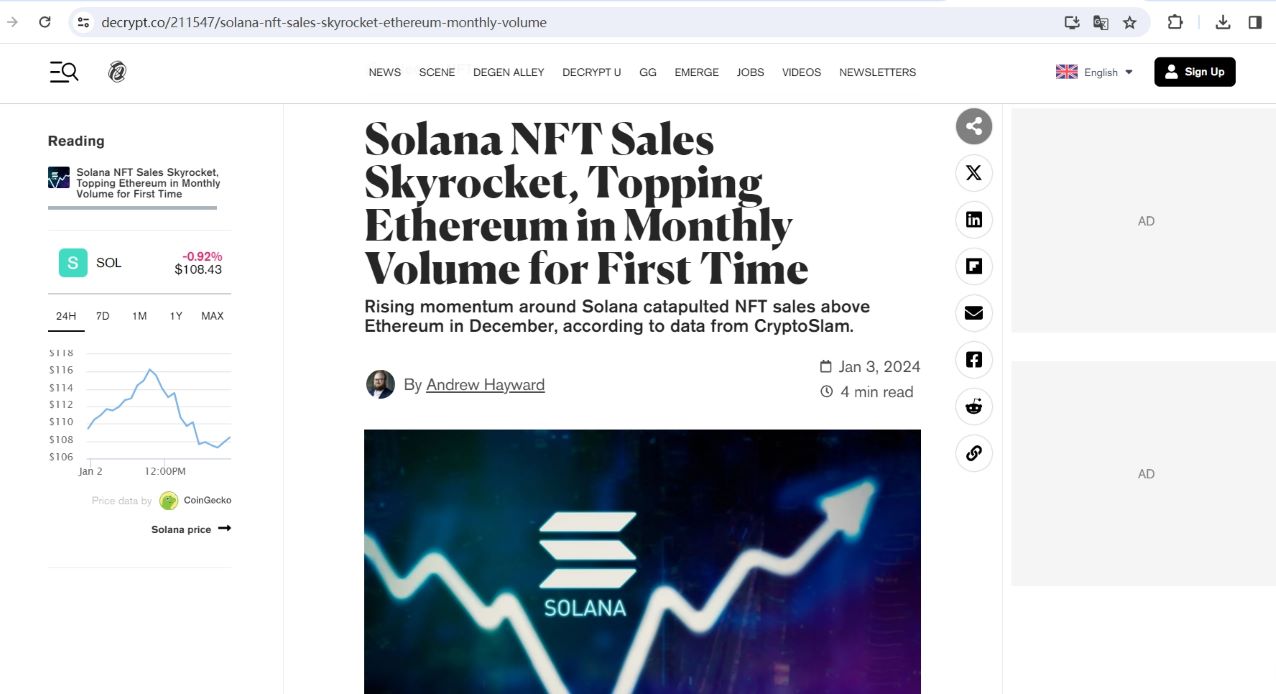 Solana月度NFT销量首次超过以太坊NFT，约合3.7亿美元