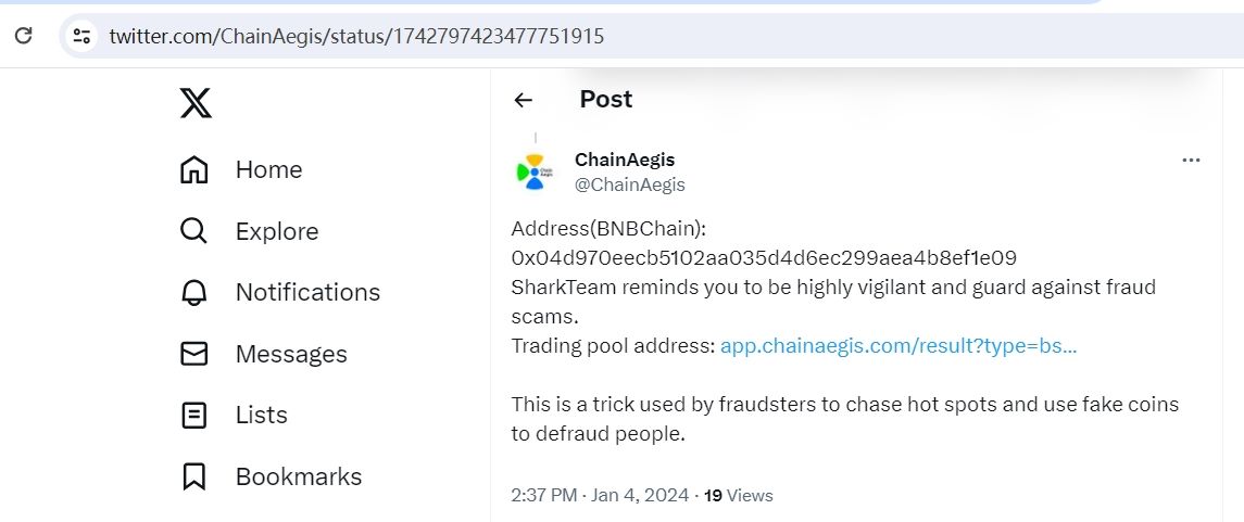 ChainAegis：BNB Chain上蹭热点的假冒AI代币疑似发生Rug Pull