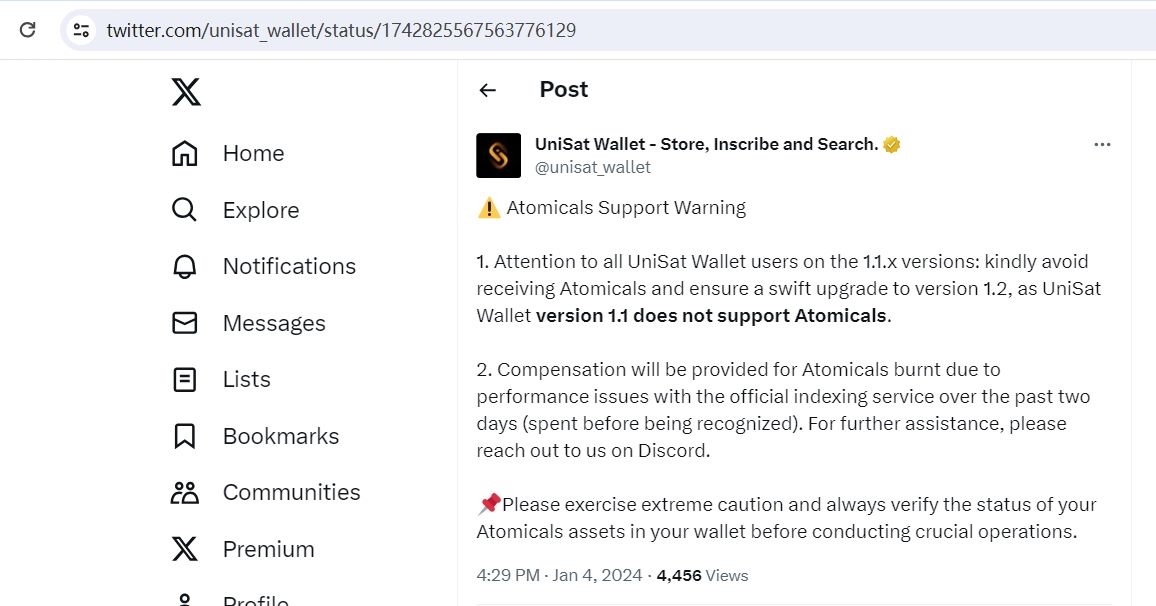 UniSat Wallet：1.1.x版本用户请避免接收Atomicals并确保迅速升级到1.2版