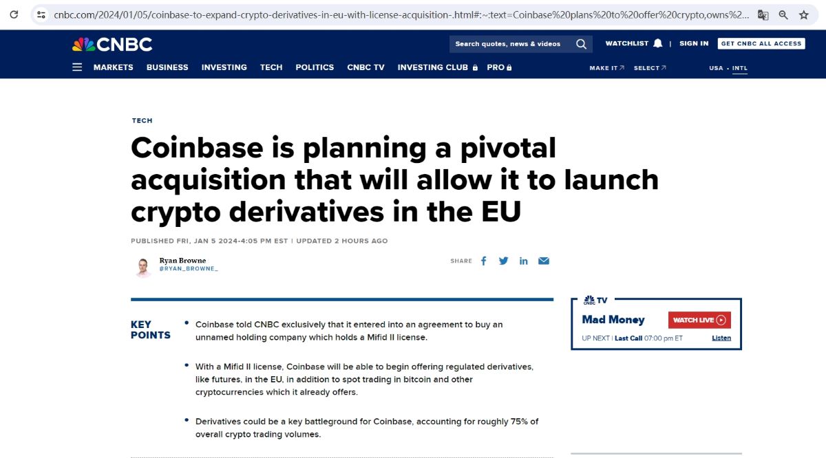 Coinbase正在计划一项关键收购，以在欧盟推出加密衍生品