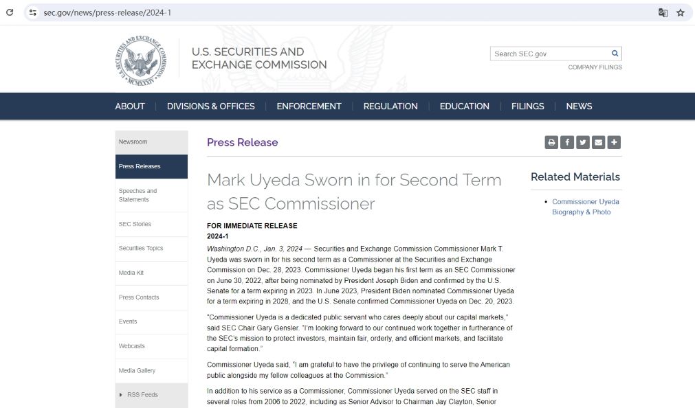 加密友好的美SEC专员Mark Yyeda宣誓就任第二任期