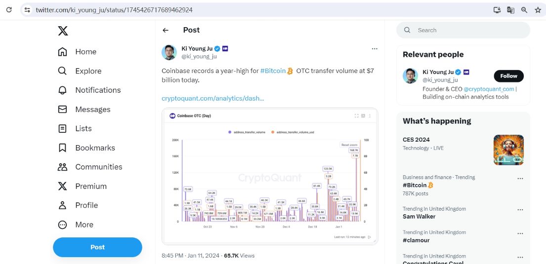 Coinbase今日比特币OTC转账量达70亿美元，创一年来新高