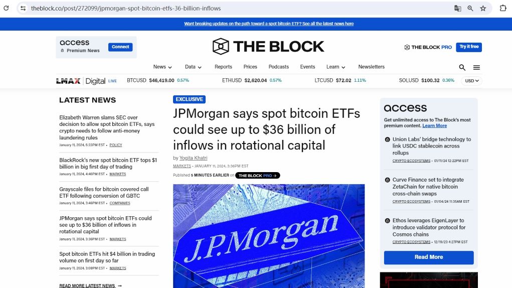 摩根大通：现货比特币ETF或吸引现有加密投资工具中高达360亿美元的资金
