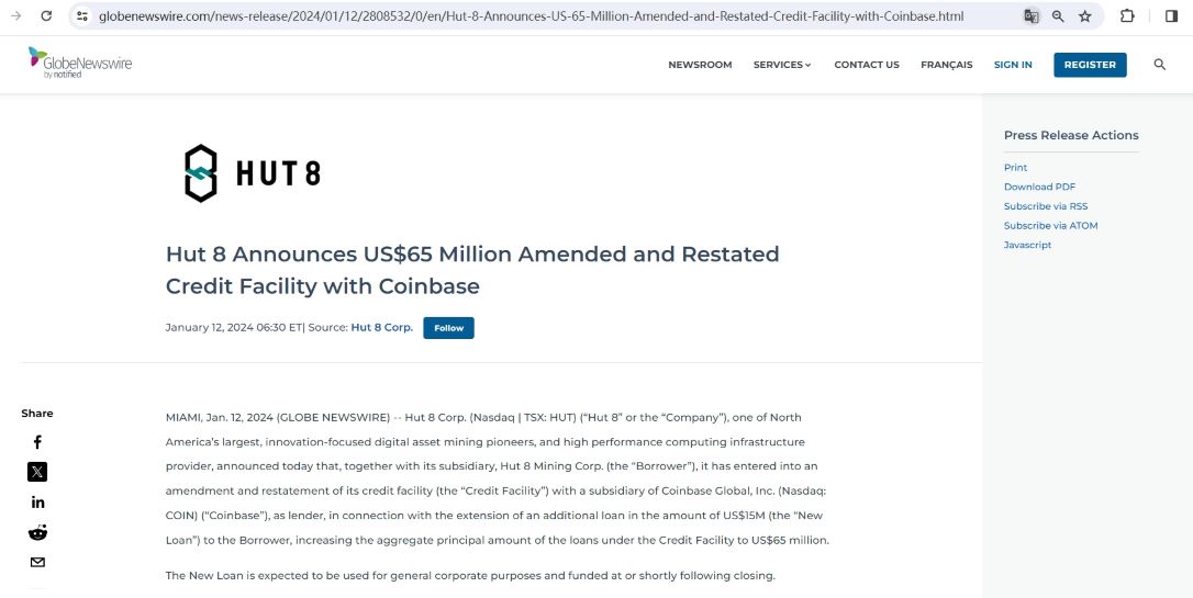 矿企Hut8与Coinbase签订了6500万美元信用贷款协议