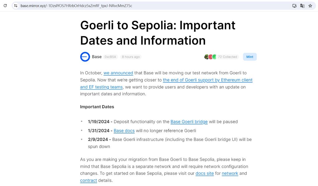 Base公布从Goerli迁移至Sepolia的关键日期和信息