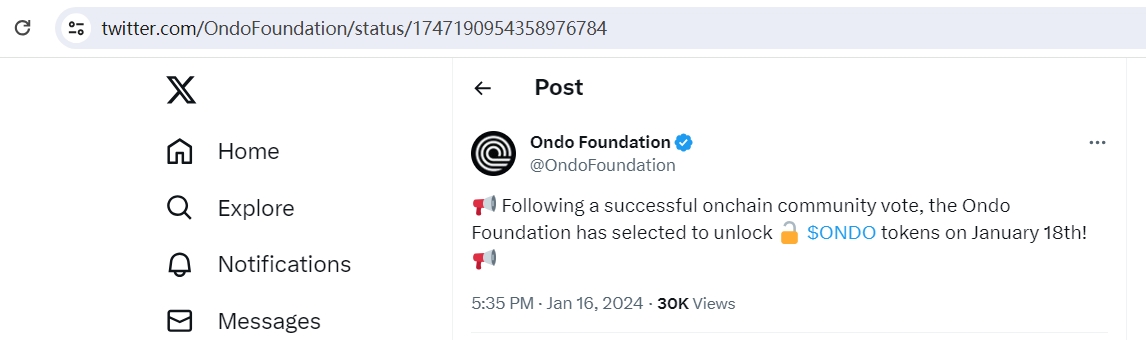Ondo基金会将于1月18日解锁ONDO代币