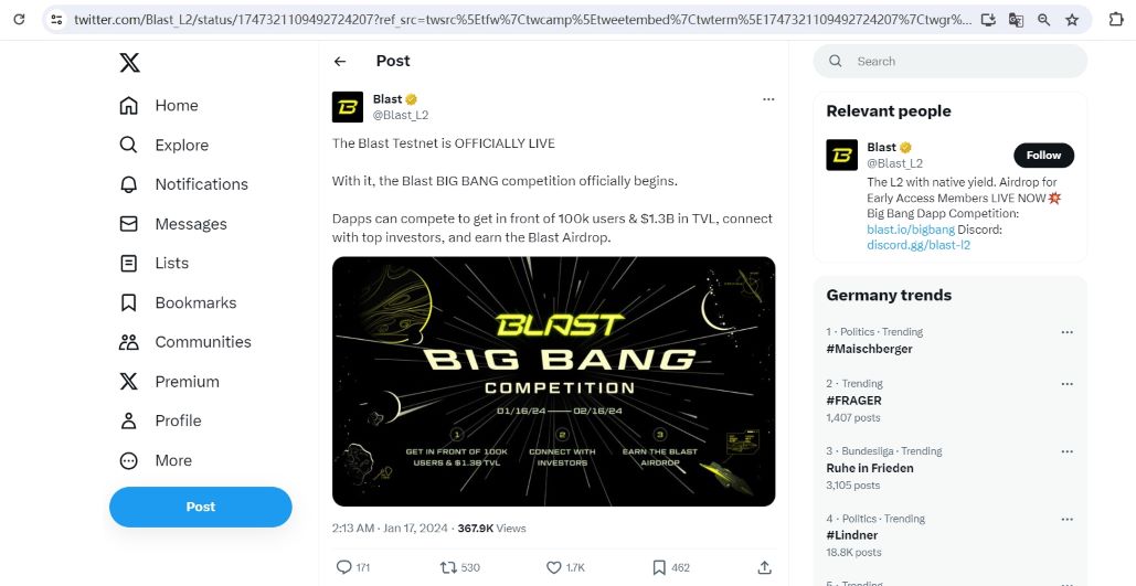 Blast 上线测试网并推出“Big Bang”空投竞赛