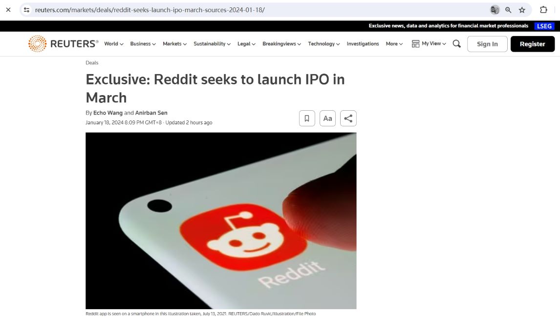 社交媒体平台Reddit拟于3月进行IPO