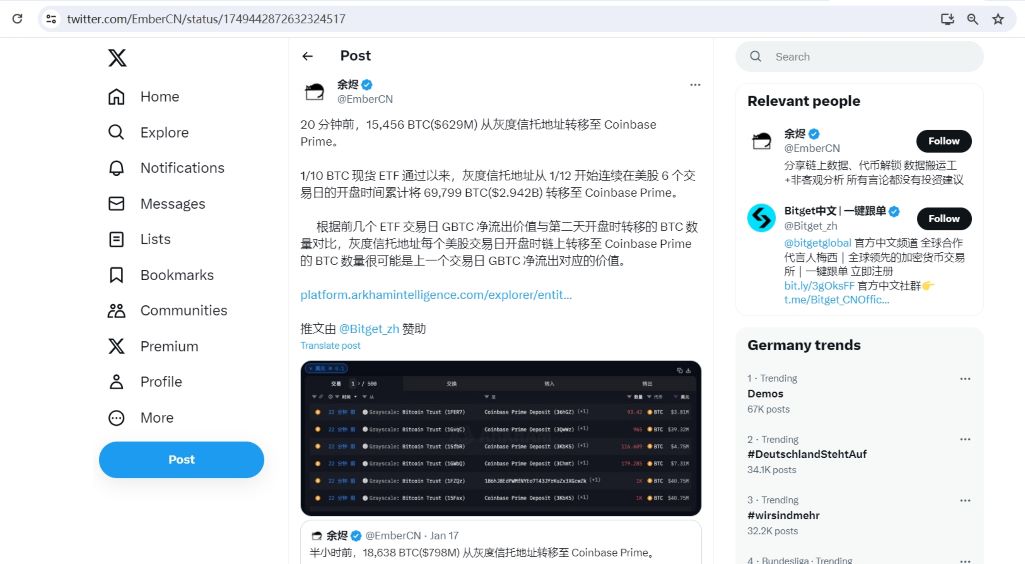 灰度信托地址今晚已将15456枚BTC转移至Coinbase Prime，约合6.29亿美元