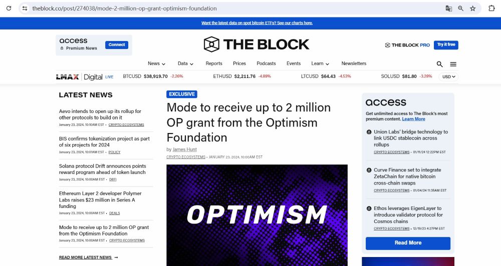 Layer2网络Mode将获得Optimism基金会200万枚OP赠款