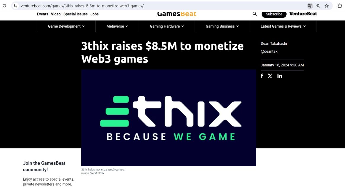 Web3游戏货币化平台3thix完成850万美元融资